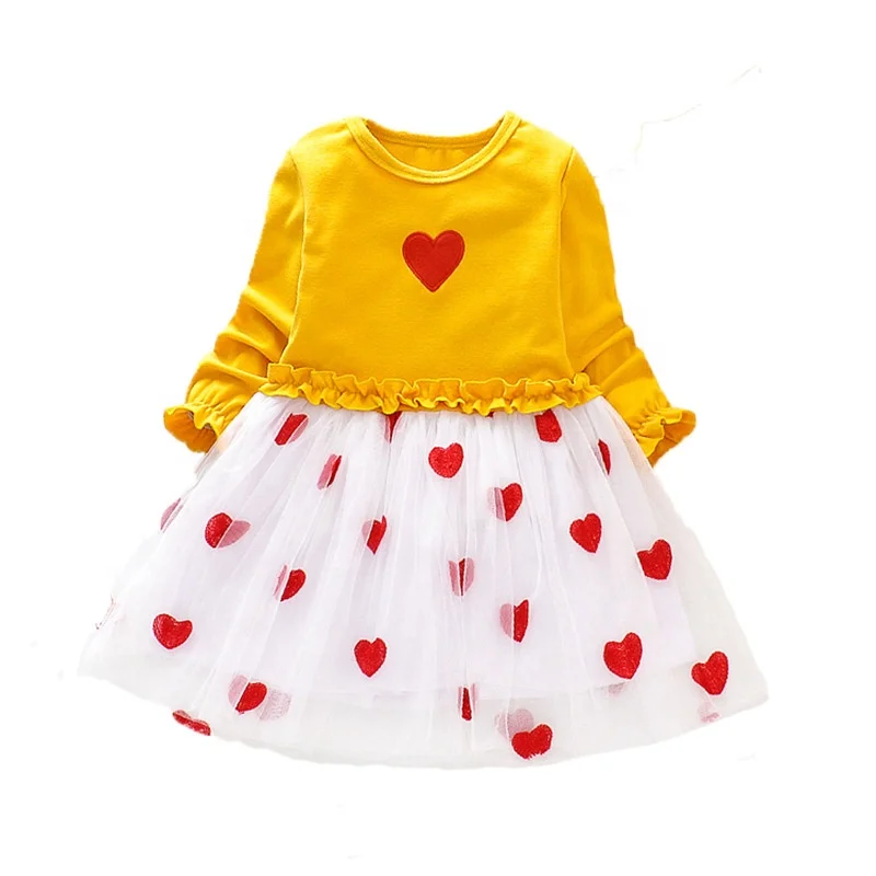 

Wholesale Spring Autumn Long Sleeve Embroidered One Piece Skirt 1 to 7 Years Old Red Heart Baby Girls Dresses, Pink, red, yellow