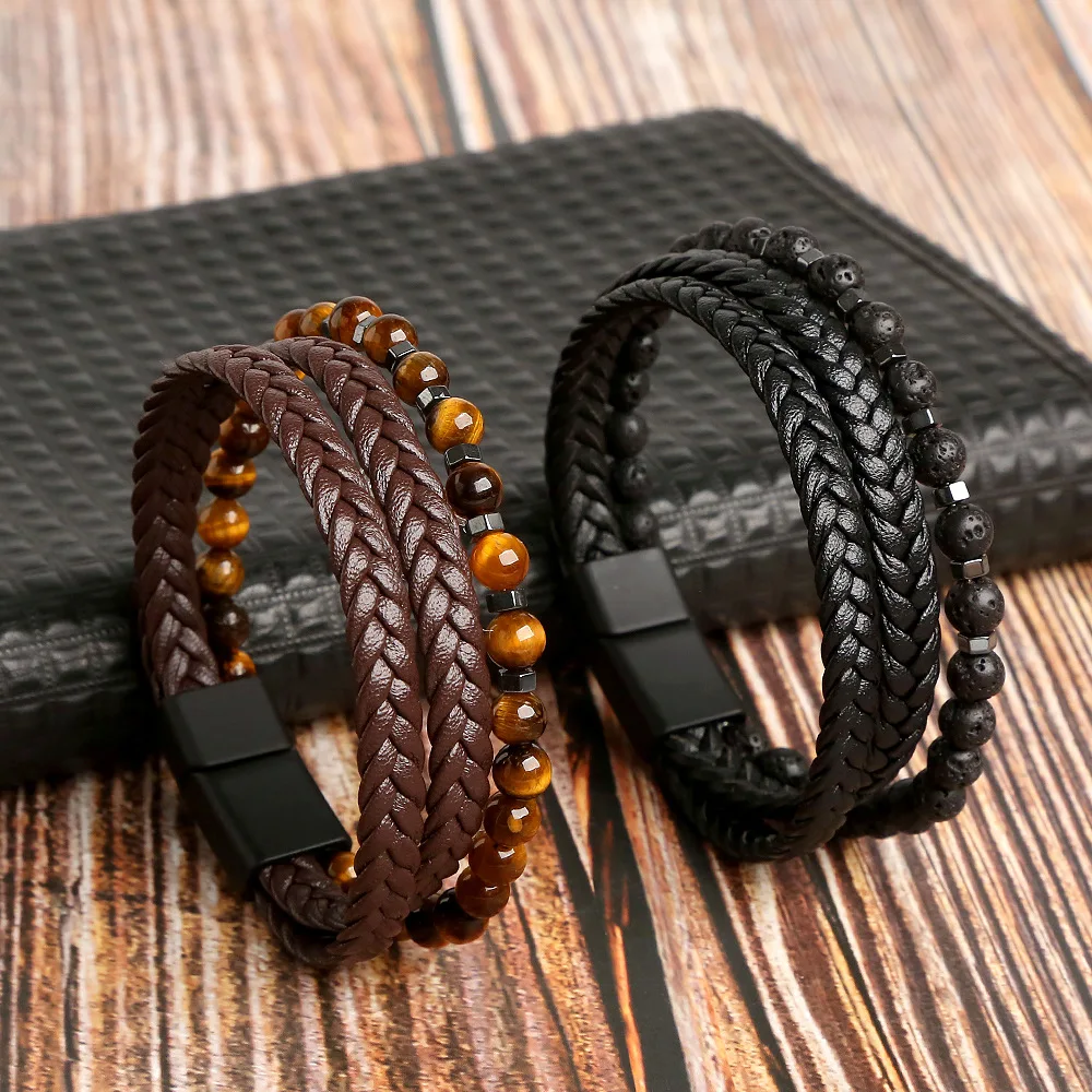 

2022 New Trendy Natural Stone Bead Leather Bracelet Braiding Multilayer Leather Cuff Bracelet Bangle Men Jewelry