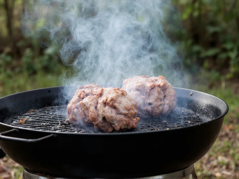 Handcrafted steel barbecue grill with smoke rising during cooking