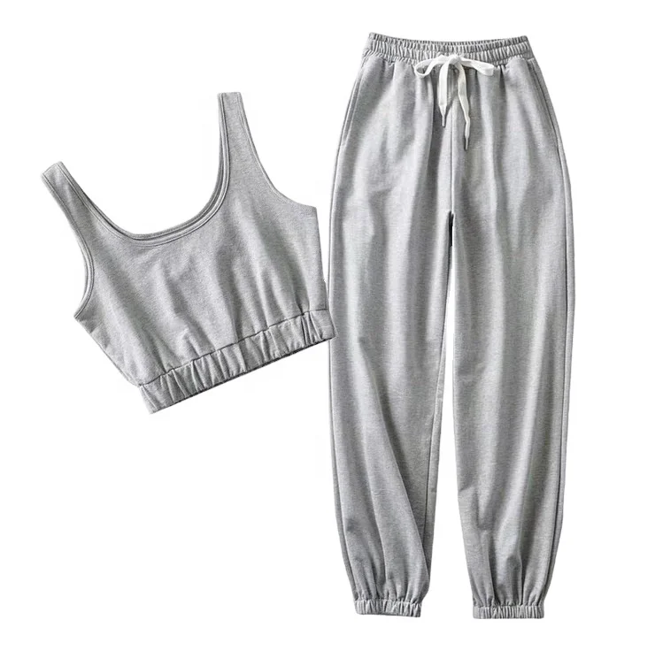 

New Arrival Streetwear Hip Hop Breathable Summer Gym Workout Bra Tank Top Sweatpants Jogger Set 2pc Crop Top Jogging Suit, Provide color swatch for choose