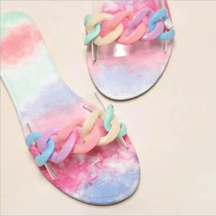 

Hot sale new fashion candy color women slides fashion large size jelly upper with chain decoration sandal for women and ladies, Black,pink purple and tie dye