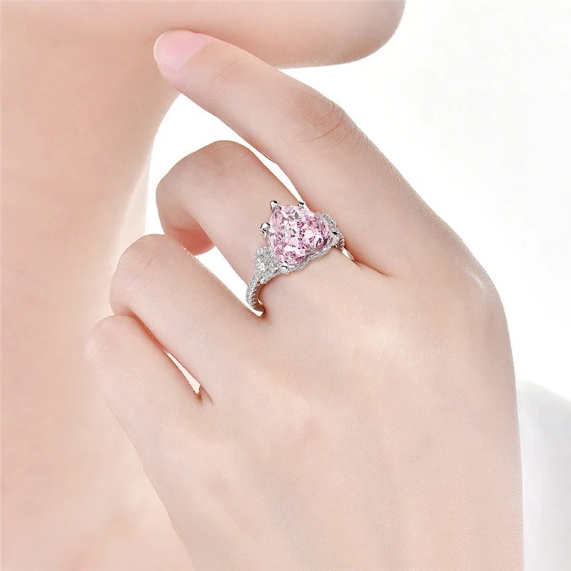 

925 Sterling Silver Ring Pink Diamond 5A Zircon Heart-shaped Wedding Ring Fashion Rings For Women, Picture shows