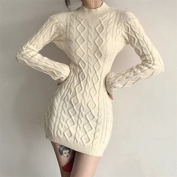 

womens fall luxurious long sleeve solid backless o-neck wool knit ladies sweater women casual dress