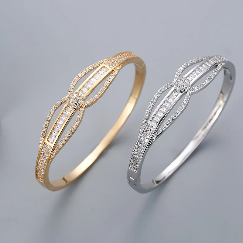 

Classic AAA Full Zircon Micro Pave Setting Chain Style Trendy Bangle Ring Of Wedding Bridal Jewelry sets, Gold/silver plated