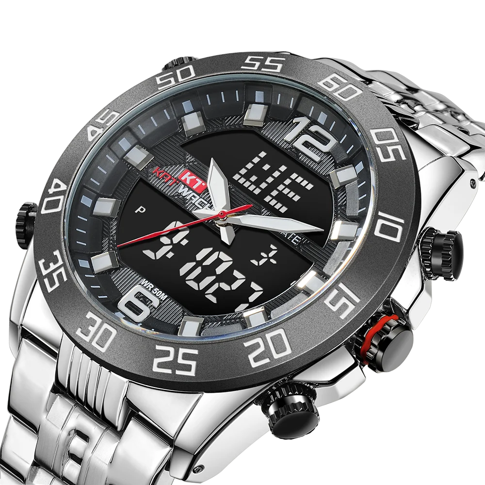

Low MOQ fashion analog digital LCD back light luminous dual time sport men wristwatches