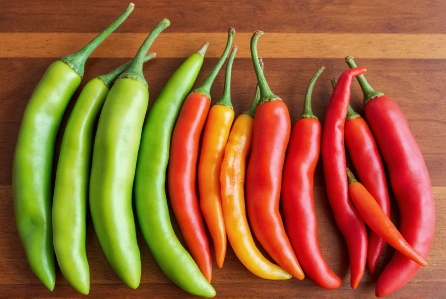Harvested Hudson pepper pods in various stages from green to fully red arranged on wooden table