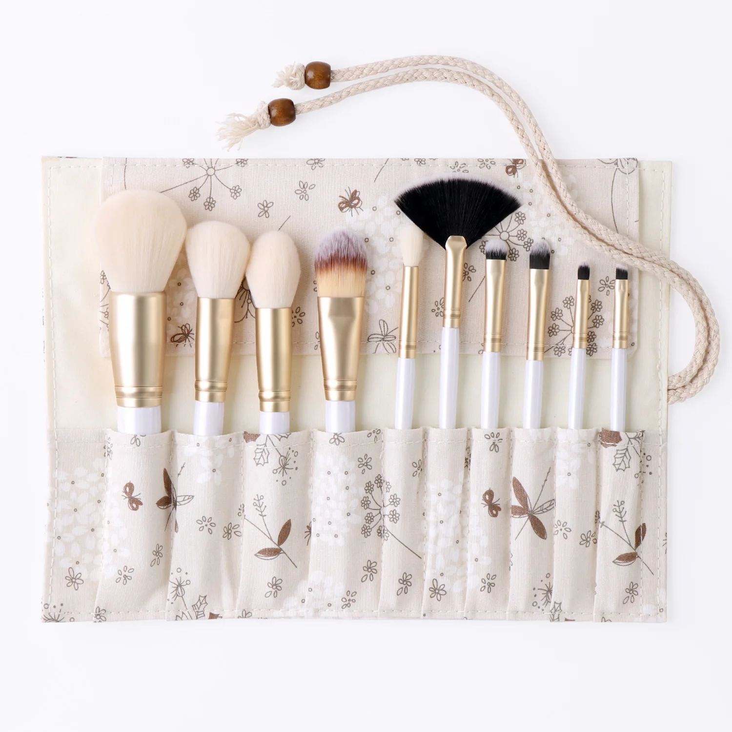 

Special Design Cosmetic Foundation Eyebrow Wooden Handle Soft Custom Logo Vegan White Makeup Brush Set with Floral package bag, White&custom
