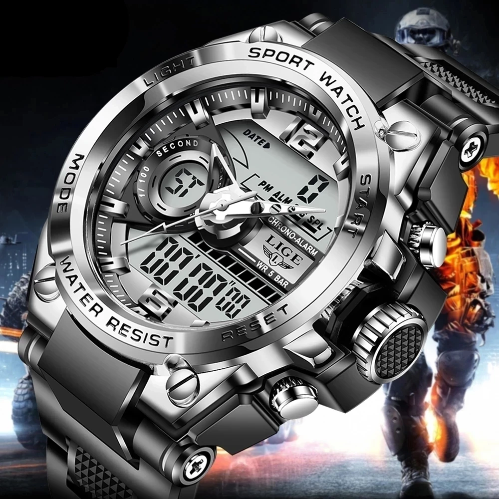 

LIGE Electronic Dual Display Quartz Watches Men Slim Military Waterproof Wristwatch LED Big Dial Watch Herrenuhr Jam Tangan 8922, 4-colors