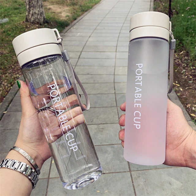 

Wholesale 800ml Portable GYM Clear Custom logo Drinking Cup Frosted Transparent Plastic Sports Water Bottle With Lid And Rope