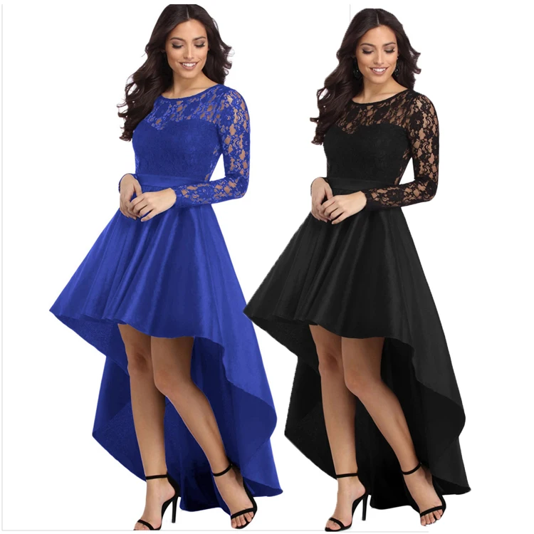 

High Quality Fashion Women Long Sleeve Lace High Low Satin Maxi Evening Prom Party Dress, Customized color/as show