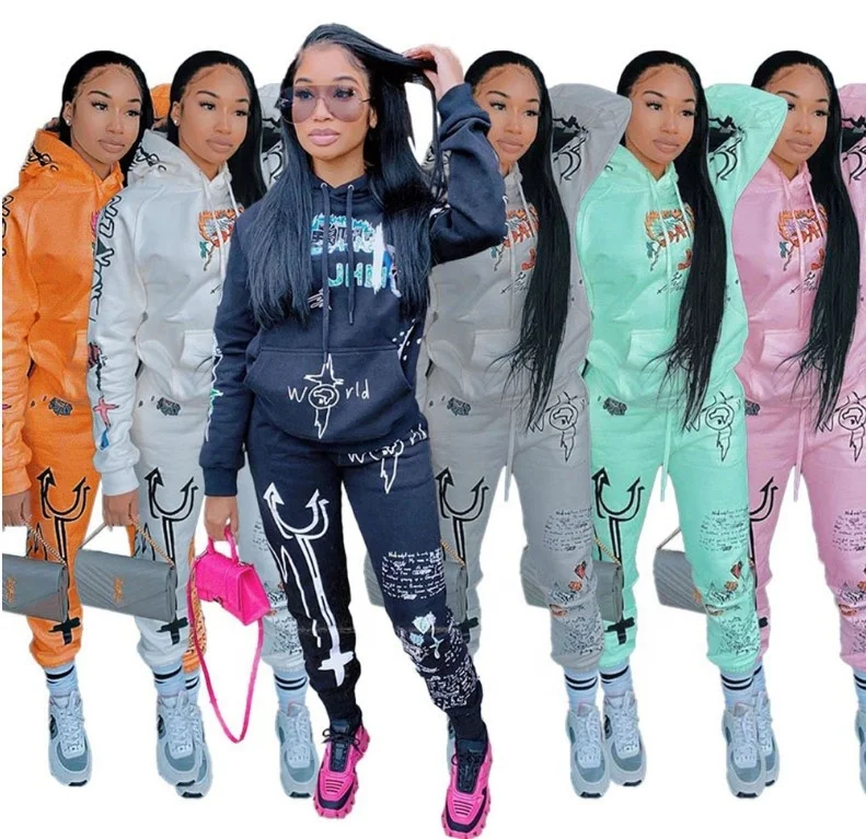 

Graffiti Streetwear Two Pieces Set Women Tracksuit Female White Black Hoodies Pants Women Matching Sets Outfits Sweatsuit, As show