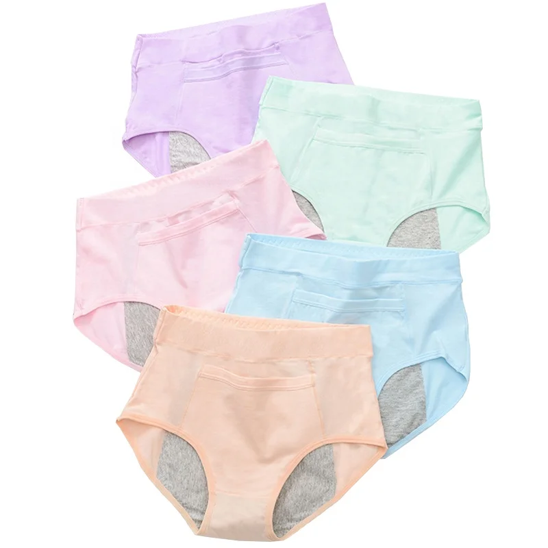

1853 Women Solid Color High Waist Leak Proof Menstrual Cotton Sanitary Period Panties with Pocket, 5 colors: pink, blue, green, nude, purple