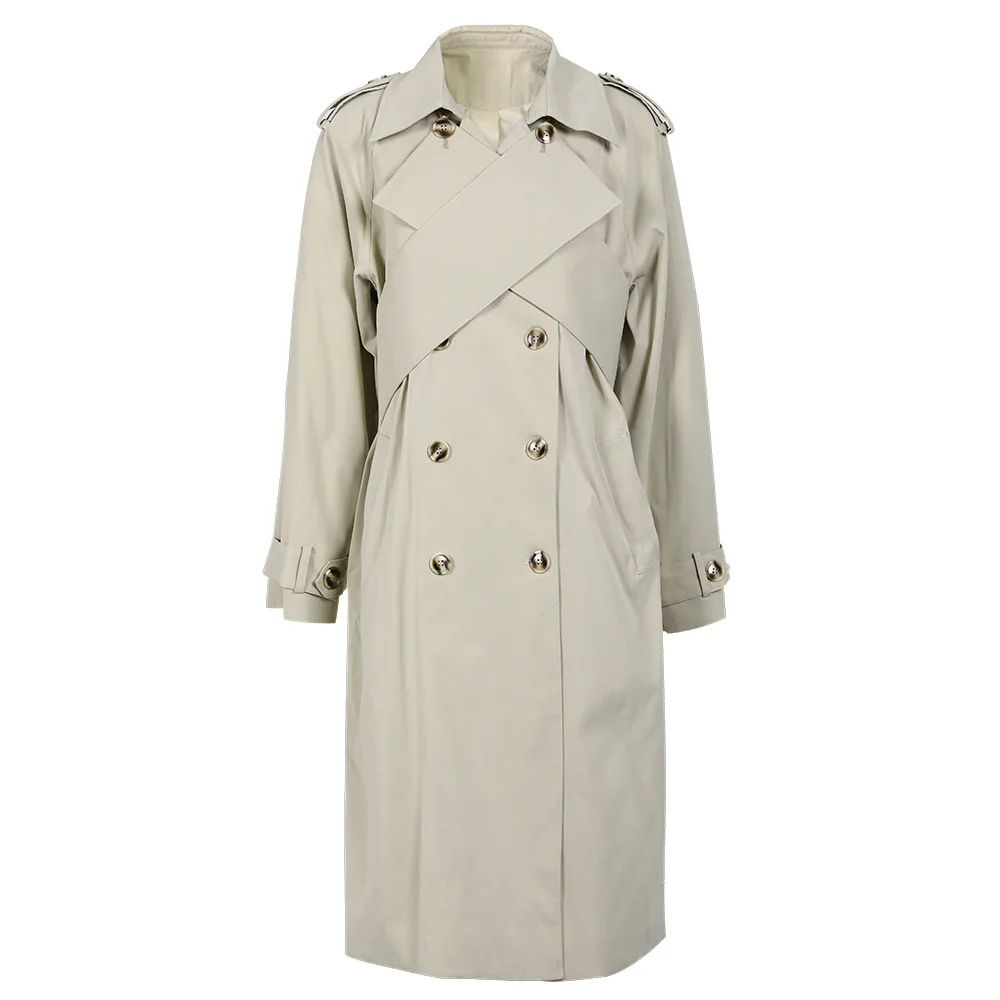 

2023 Bettergirl Women's Autumn New Cross Design Khaki Trench Coat Double Breasted Long Cardigan Coat
