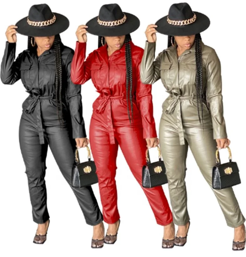 

Cy033 Fall Ladies Fashion Jumpsuits Women Sexy Solid Color V Neck Leather Long Sleeve Slim Jumpsuit