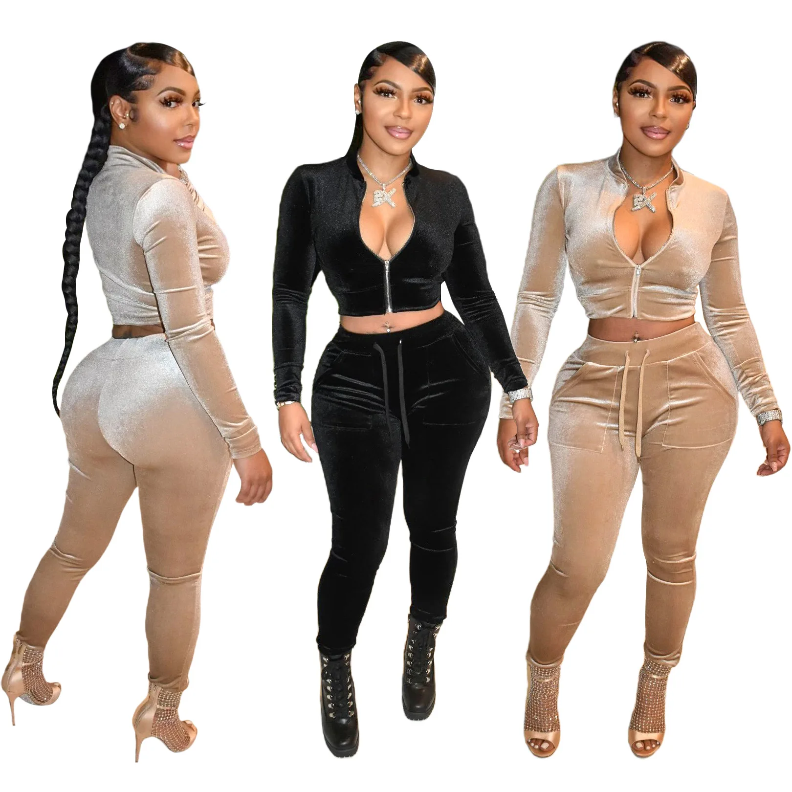 

2021 fashion autumn womens ladies casual velvet sweatsuit crop top leggings pants set