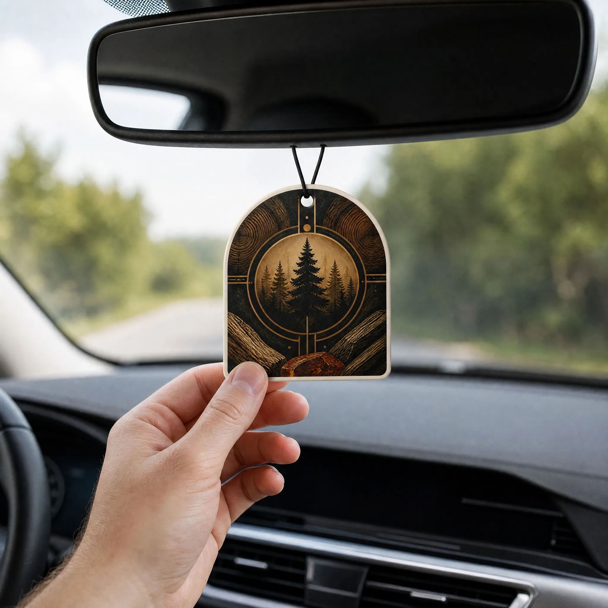 Alpine Pine Forest Scented Air Freshener Hanging in Car from Rearview Mirror Lifestyle Context