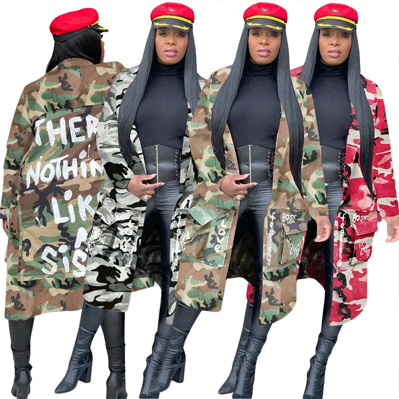 

Women Fall Casual Jacket Outdoor Waterproof Coat Camouflage Print Mid Length Women's Trench Coat