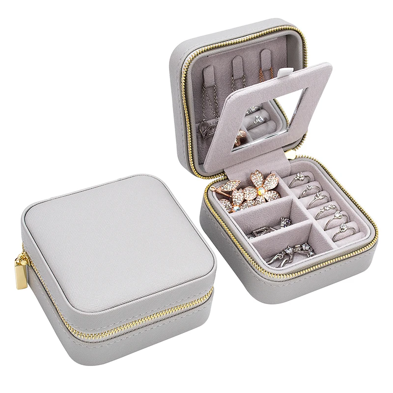 

High Quality Custom Necklace Packaging Gift Case With Glass Luxury Gray Leather Jewellery Jewelry Travel Box, Beige /white/ green