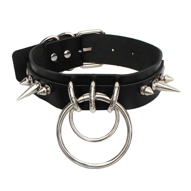 

Girls Double O Ring Personalized Punk Rock Gothic PU Leather Spike Rivet Choker Collar Necklace, 4 color you pick