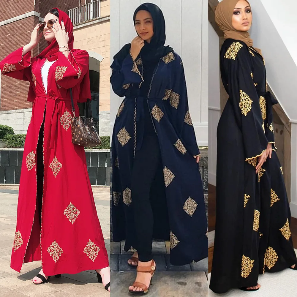 

Muslim Islamic clothing cotton black and red dress abaya ladies Embroidered lace up cardigan loose coat