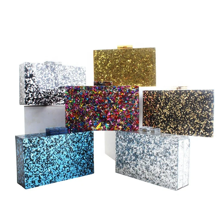 

Wholesale Multi-color Confetti Acrylic Box Colorful Clutches Fashion Glitter Rectangle Handbags For Women Acrylic Hand Bags, Customized color