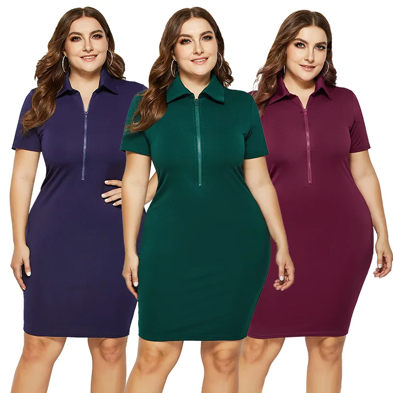 

Plus size new solid color lapel short sleeve skirt zipper dress casual dresses
