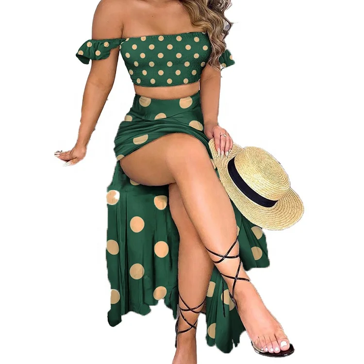 

Off Shoulder Tops And Split Hem Maxi Skirt Set Floral Two Piece Outfit Women, Green,black,black+white