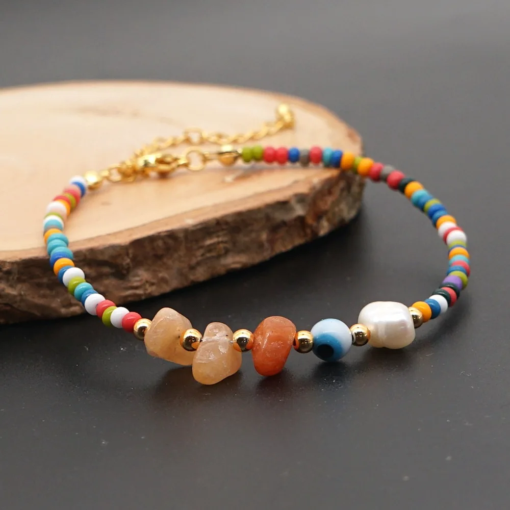 

2021 latest minimalist design bohemian color natural stone crystal seed bead anklet top selling, Red, blue, pink, green, yellow