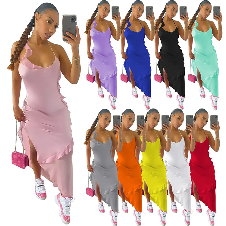 

Newest Design Suspender Strap Ladies Solid Color Ruffle Long Dress Women Fashion Casual Maxi Dresses, Picture shown