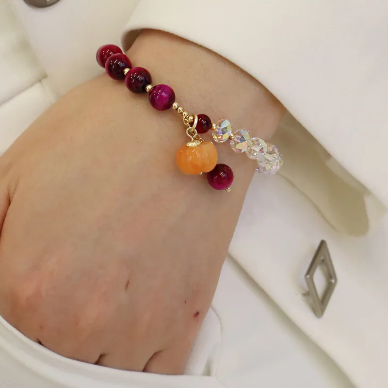 

2022 Fashion Golden Silk Jade Pumpkin Charm Bracelet Vintage Rose Red Tiger Eye Crystal Beaded Bracelet For Women Girls