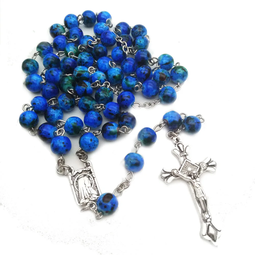

2021 Hot Holy Catholic Blue Glass Crystal Beads Rosary Necklace With Sliver Jesus Cross Christ Maria Necklace