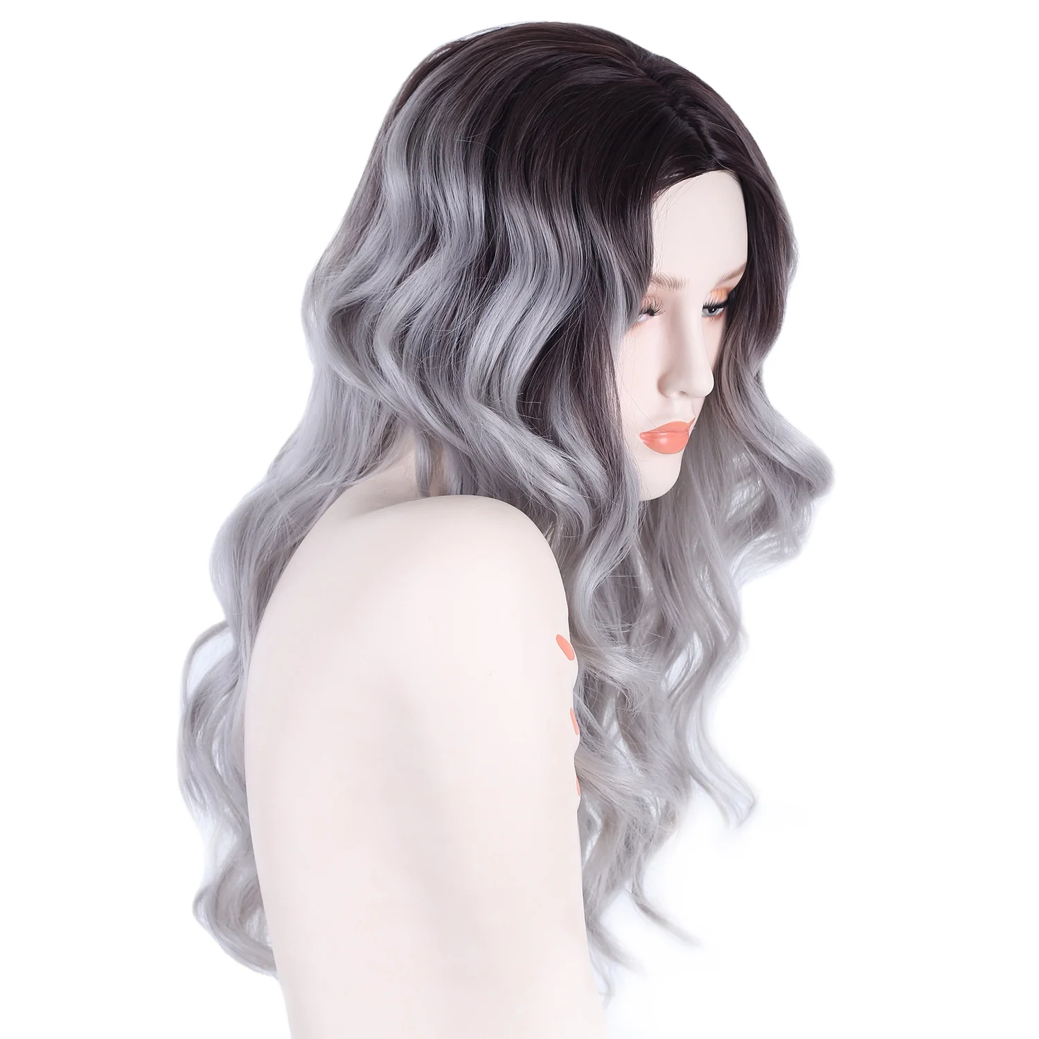 

Factory direct mid-point gradient black and gray long curly synthetic hair wigs fluffy big wavy synthetic hair wigs, Picture