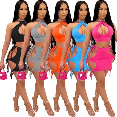 

2021 Summer hot casual women's hollow out Sexy Club Dress two dresses