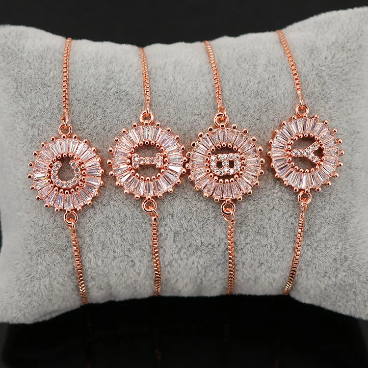 

BC1163 Fashion design Wholesale Bling Crystal Rose gold plated Micro Pave Cz Initial Letter Charm Bracelet with Slide Chain