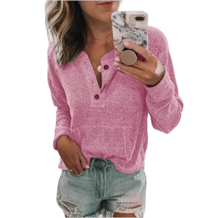 

Wholesale price solid color ladies knit long sleeve T shirt