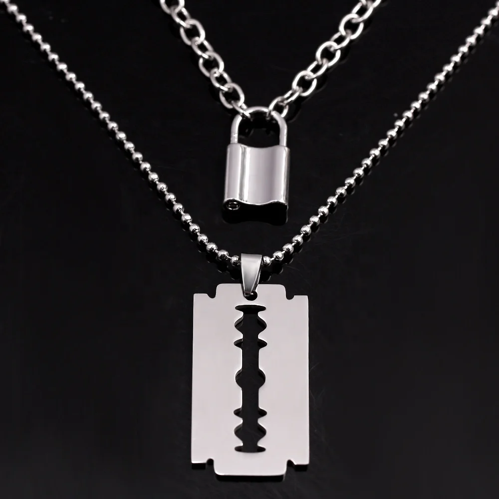 

Fashion Razor Blade Shaped Pendant lock charms Necklace Silver Razor Blade Charms Lock jewelry set for Men and women necklace