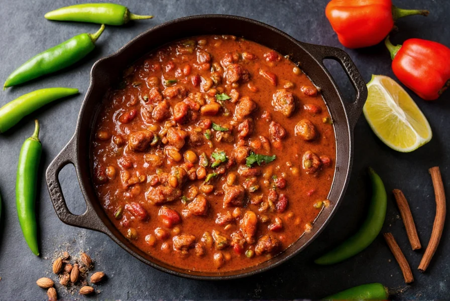Two alarm chili in a cast iron pot with jalapeño peppers and spices arranged around it
