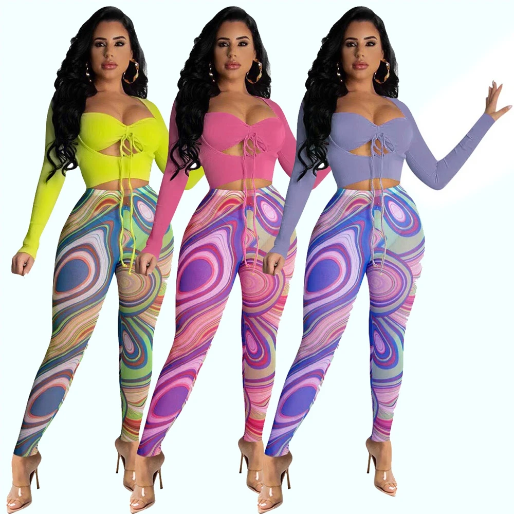 

MD-21Sexy Hollow Out Bandage Matching Sets Pants Two Piece Design Drawstring Cropped Top Skinny Mesh Pants Clubwear 2 Piece Set