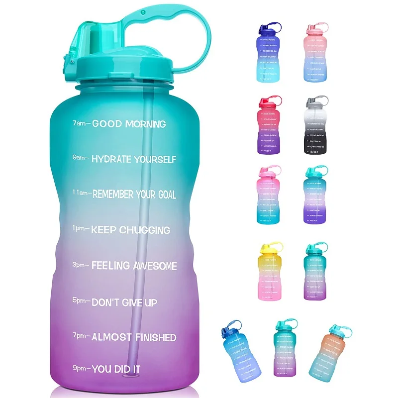 

Doyoung 64oz 128oz BPA Free Tritan Plastic 3.8L 1 Gallon Motivational Water Bottle with Time Marker and Straw for Gym Fitness, Gradient color and pure color