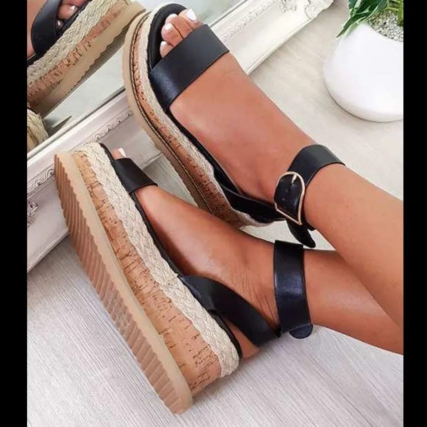 

Summer 2021 round head thick heel low top European and American solid color ankle strap wedge heel sandals women, Black/white/khaki