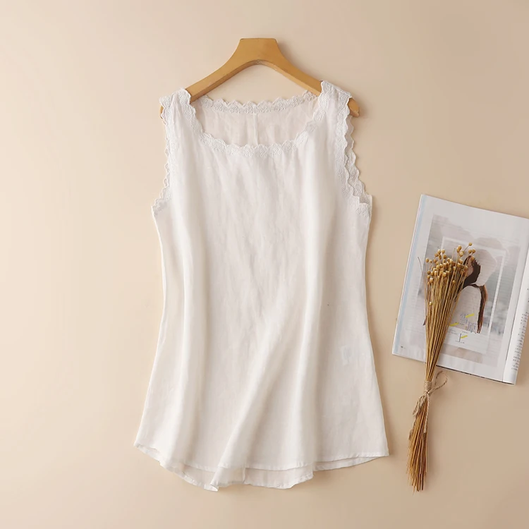 

Solid color lace cotton linen vest female casual girl vest breathable