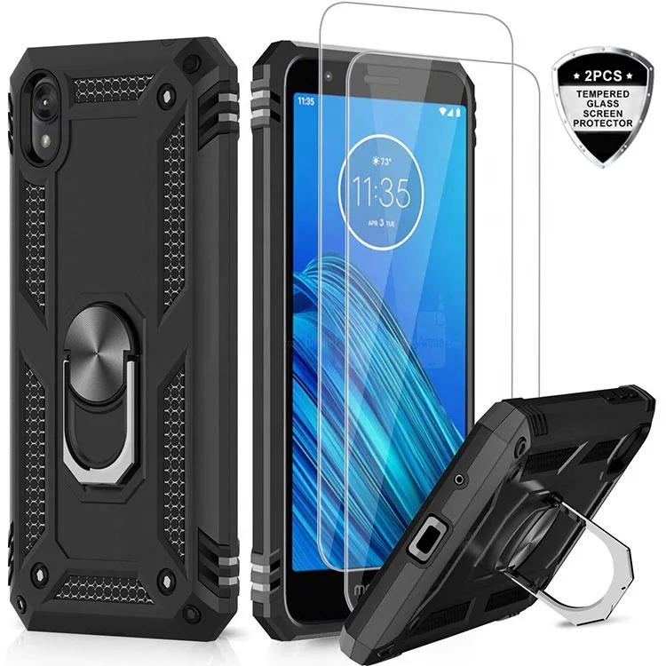 

LeYi For Moto E6 Case With Screen protector 2pack, Trendy Rotating Metal Ring Holder Decorative Shockproof Pc And Tpu Phone Case, Black, blue,red