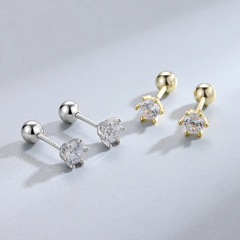 Classic Simplicity Jewelry S925 Sterling Silver PVD Gold Plated 3-5mm Micro Pave Zircon Screw Thread Piercing Stud Earrings