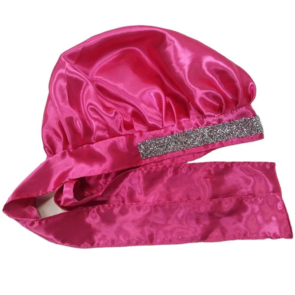 

Wide Comfort Band Women Braids Hairs Silk Bling Bonnet Sleep Cap Satin Smooth Rhinestone Night Hat, Customize