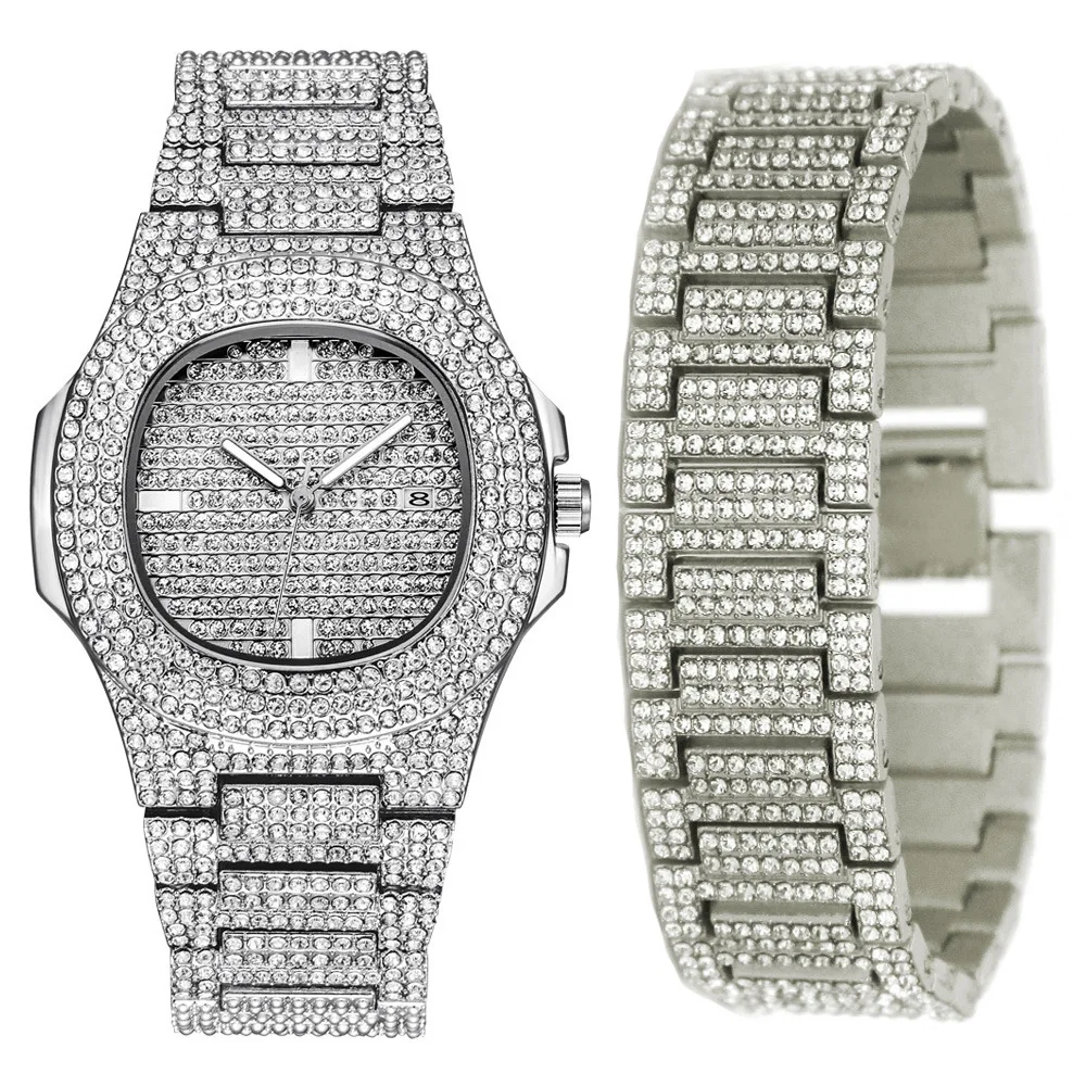 

2pcs/set Women Watch Bracelet Set Men's Fashion Diamond Steel Band Quartz Watch + Hip Hop Bracelet, Picture