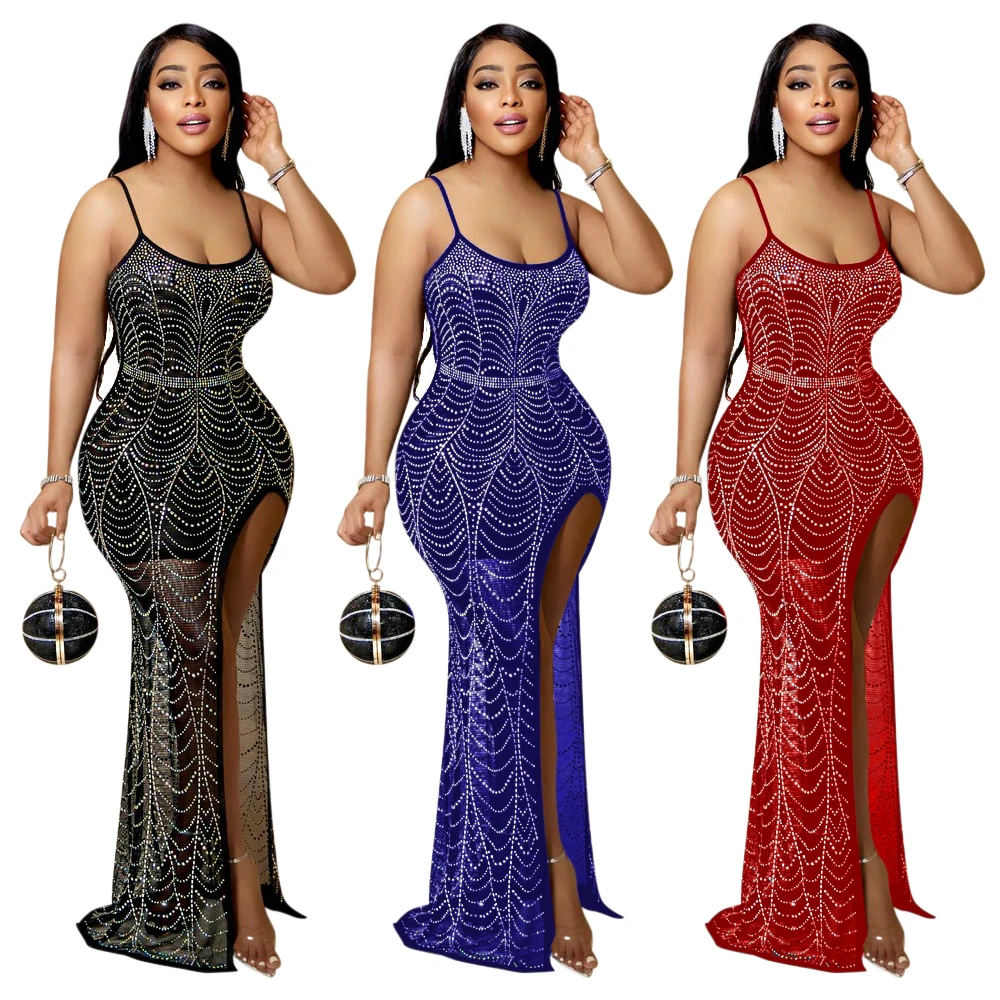 

Elegant Mesh See Through Rhinestone Sparkle Maxi Dress Splitting Strap Gown Spaghetti Straps Crystal Party Dresses Women, Customized color