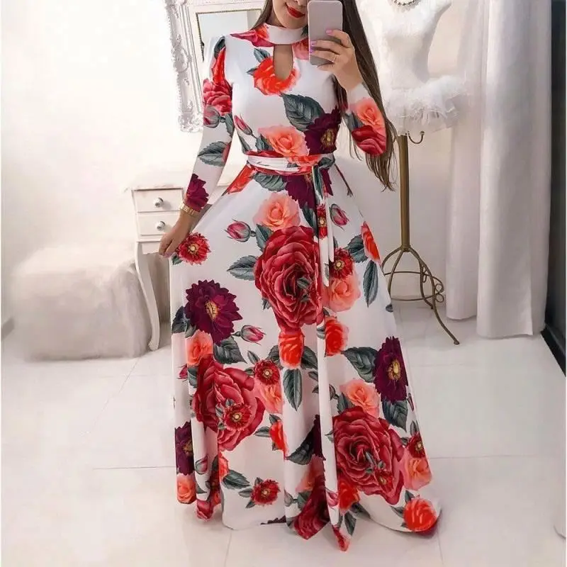 

wholesale fashion Long sleeves women beach dress colorful stock Floral Long Maxi Women Dress