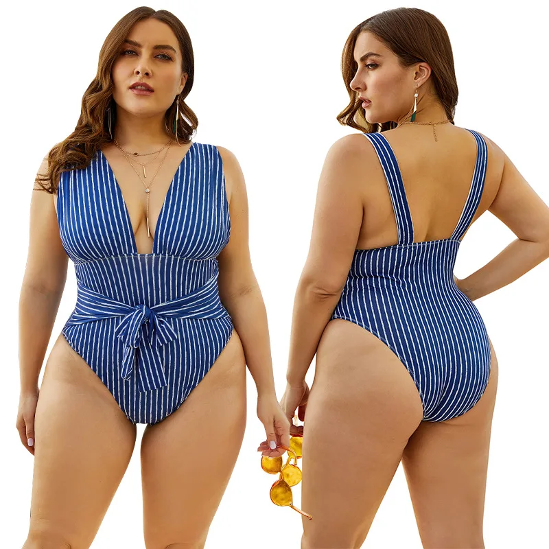 

rYY29-4 Plus size summer sexy deep V backless striped print one piece swimwear for fat women 2021