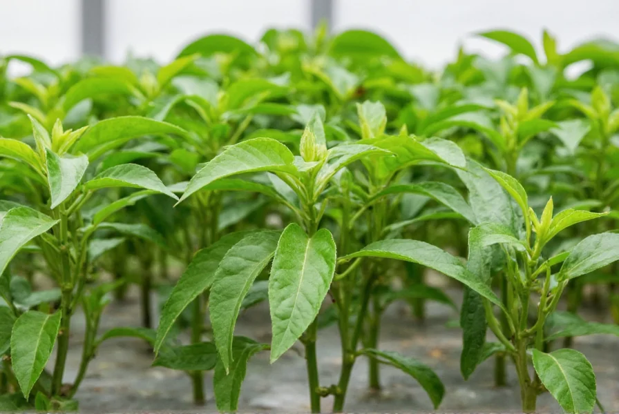 Pepper seedlings growing in greenhouse with proper spacing and healthy green leaves