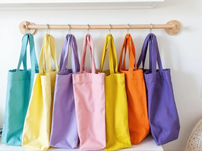 Finished custom tote storage rack holding colorful reusable bags
